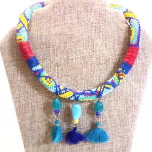 Signed SPF Woven Blue Multi Colored Corded Tassel Choker Necklace